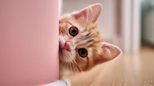 Curious kitten peeking around a pink object on wooden surface