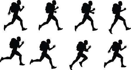 Black silhouette vector illustration of running person with backpack in multiple motion poses, representing sport, fitness, travel, activity, lifestyle, and dynamic design
