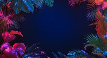 Tropical neon foliage frame with glowing palm and anthurium leaves on dark background