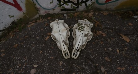 Two animal skulls lying on ground near graffiti wall in outdoor setting