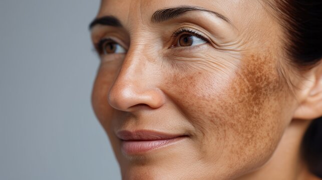 Close-up of woman&rsquo;s face with visible dark brown age spots and wrinkles, representing hyperpigmentation, sun damage, and skincare dermatology concept