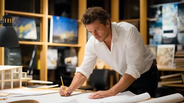An architect unrolls a concert hall blueprint in a design studio, with pencils marking, a model stage on a table, a lamp casting light, and music posters on the walls, presented in a creative photo