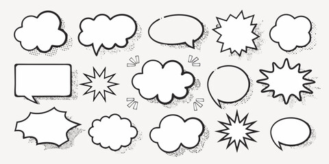 Vector a collection of fifteen hand drawn cartoon speech bubbles and thought clouds with halftone shadow effects