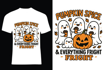 Adorable Halloween T-Shirt Design Featuring Cute Ghosts Drinking Hot Cocoa Too Cute To Spook Message