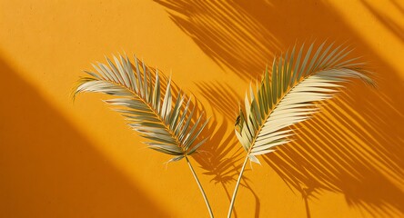 Two dried palm leaves casting shadows on bright orange background