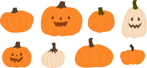 Collection of hand drawn Halloween pumpkins. Cute jack o lantern with different face expressions.