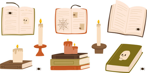 Witch magic books set. Open and closed spell books with candles. Hand drawn vector illustration.