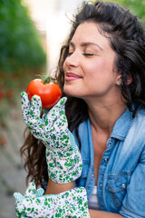 Smiling Young Woman In Denim Shirt Holding Fresh Red Tomato In Indoor Greenhouse Setting