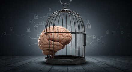Trapped human brain inside a vintage birdcage symbolizing mental block, confinement, or restricted thinking in a conceptual dark studio setting with digital circuit patterns on the wall