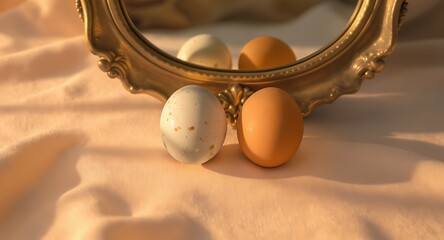 Fototapeta premium Two brown and speckled white eggs standing side by side in front of vintage mirror on fabric surface