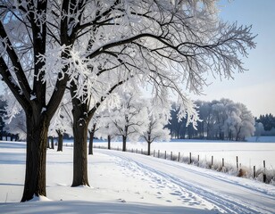 Snowy winter landscape with frosted trees