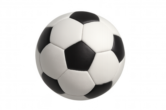 Soccer ball detail, black and white classic football, ready for playing game competition, transparent background