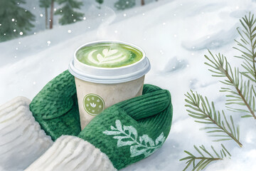 A frothy matcha latte in a takeaway cup, wrapped in green wool gloves. Visible steam rising into the crisp winter air, with a snowy background. Hand-painted watercolor design, soft pastel green 