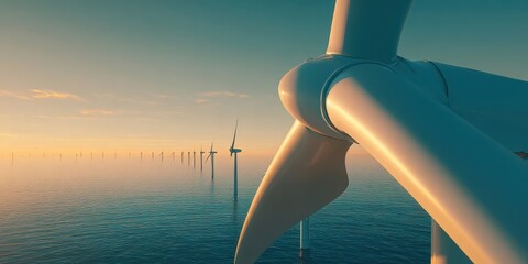 The wind turbine close-up overlooking an offshore wind farm at golden sunset