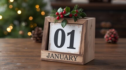 Rustic wooden block calendar displaying january first with festive winter greenery and pine cones celebrating new year s day
