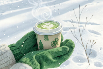 A frothy matcha latte in a takeaway cup, wrapped in green wool gloves. Visible steam rising into the crisp winter air, with a snowy background. Hand-painted watercolor design, soft pastel green 