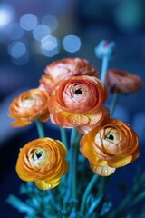 Cluster of orange ranunculus flowers with water droplets against dark blue bokeh background