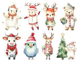 PNG Cute festive animal illustrations, element set on transparent background