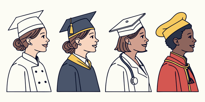 Diverse women thriving in their professions as chef, graduate, doctor, and culinary expert