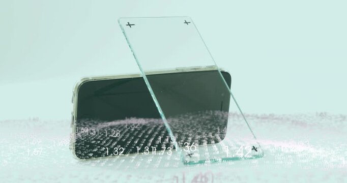 Data streams appearing and forming pulsing wave under phone glass panel showing real-time analysis