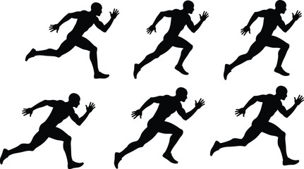 Dynamic running silhouette sequence showing sprint motion cycle, athlete training illustration, human biomechanics movement, sports exercise vector design for fitness concepts