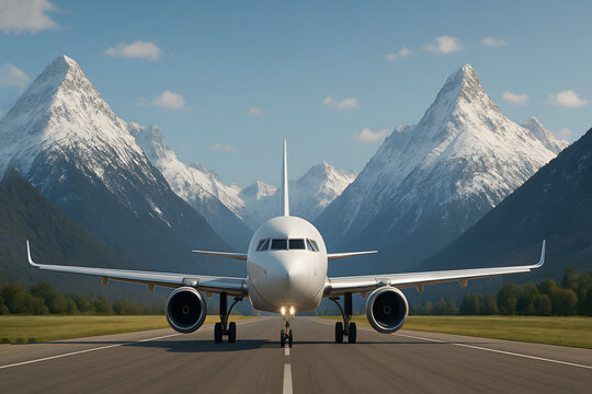 Airplane on runway facing snow-covered mountains in dramatic alpine landscape, aviation and travel concept, horizontal format
