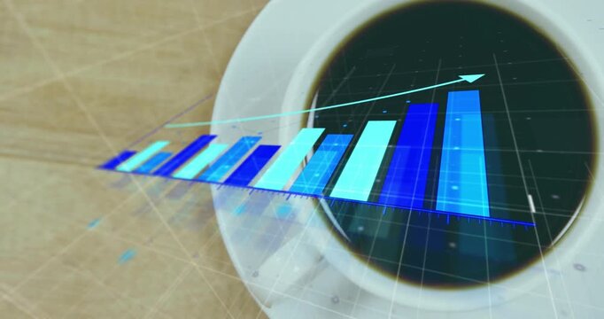 Grid axis appearing above cup, translucent blue bars forming, arrow sweeping up indicating trend