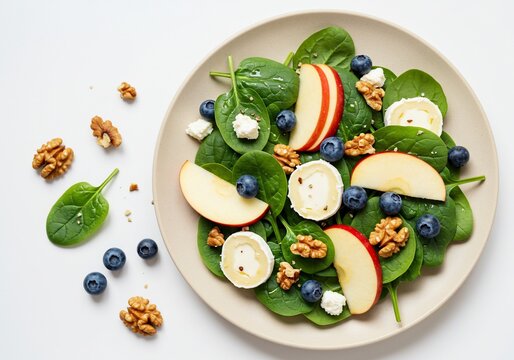 Healthy Spinach Salad with Apple Blueberry Goat Cheese and Walnuts.