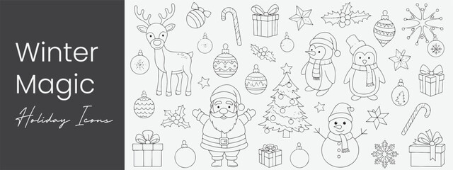 Winter Holiday Doodle Icons Set Santa Claus Reindeer Christmas Tree Snowman Penguin Festive Season Outlines and Coloring