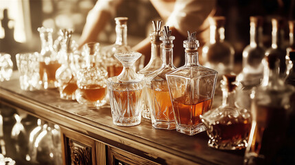 Crystal whiskey decanters displayed on wooden bar counter, showcasing collection of premium spirits in elegant glass vessels. Luxury bar setting with ambient lighting highlighting liquor clarity.