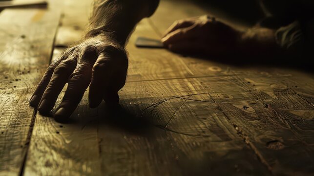 Experienced hands meticulously crafting intricate details on aged wood, showcasing dedication and skilled craftsmanship in warm, dramatic lighting.