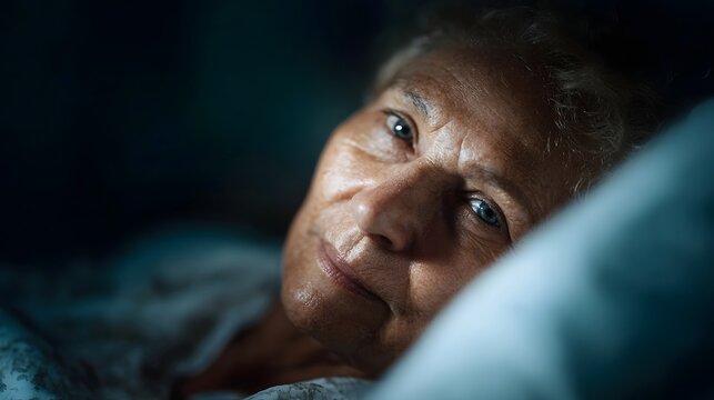Close up portrait of an elderly woman lying in a dimly lit bed looking pensive and thoughtful