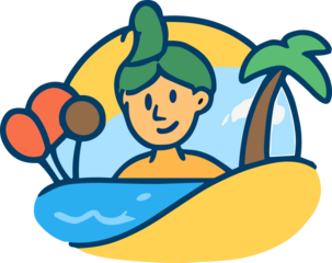 A cheerful cartoon illustration of a person enjoying a sunny beach scene with palm trees, blue water, and a yellow sand background.