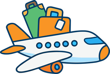 A colorful cartoon airplane flying with stacked luggage on top, symbolizing travel and adventure.