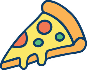 A colorful cartoon slice of pizza with melted cheese, pepperoni, and green toppings, drawn in a playful flat style.