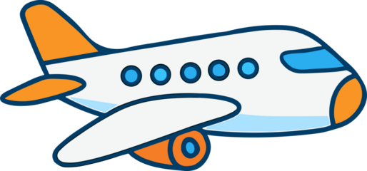 A cute cartoon airplane with orange wings and blue windows flying through the sky, symbolizing travel and adventure.