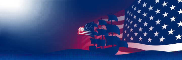 Patriotic Columbus Day background with an old sailing ship blended into the American flag on the right, set against a deep blue gradient with bright light and ample copy space