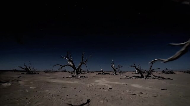 Barren Landscape with Dead Trees Under a Dark Sky.