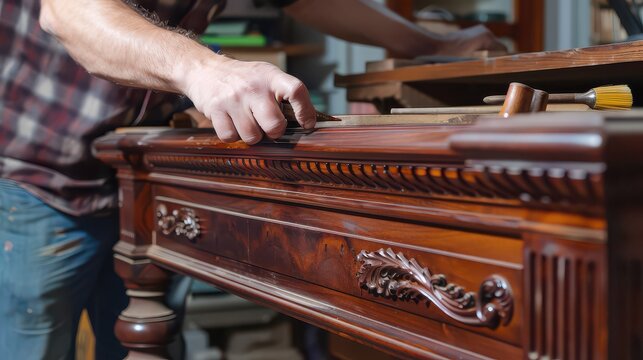 Skilled artisan meticulously restores antique mahogany furniture, showcasing dedication to craftsmanship and preserving heritage pieces with expert precision.