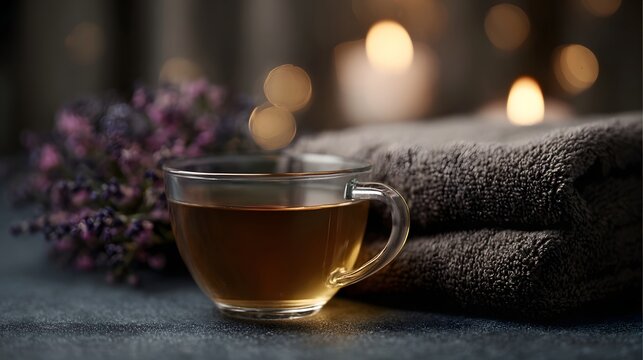 A glass cup of herbal tea sits near lavender and soft towels creating a serene spa atmosphere with warm blurred lighting