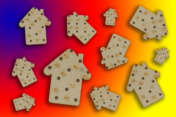 decorative wooden houses on a bright gradient background. wooden Toys. housing and construction concept