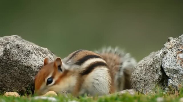 Cute chipmunk with cheeks full of food close up shot nature background