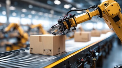 Closeup of a robotic arm picking and sorting parcels on a conveyor belt with outoffocus automated systems showcasing technologydriven fulfillment.