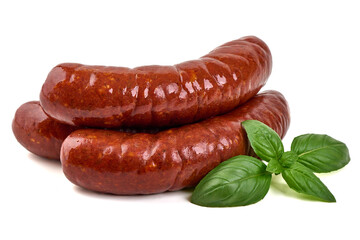 Sausages, Basil, Isolated on White Background
