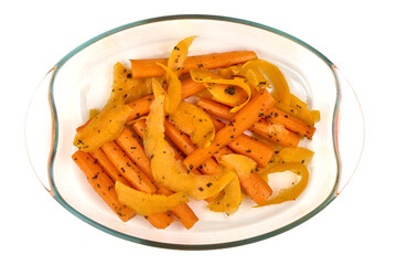 Glazed Carrots with Herbs in Glass Dish, isolated on white background