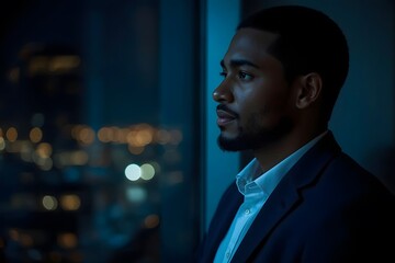 Thoughtful Businessman Looking Out Window at Night City Lights