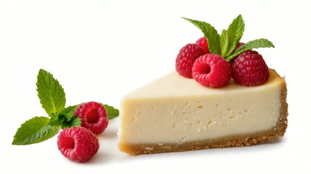 Cheesecake slice with smooth creamy texture, decorated with red raspberries and green mint leaves. Isolated on white background. Elegant sweet dessert. Classic food concept.