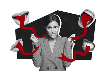 Composite photo collage of angry girl bullying victim faceless mouth snake tongue abuse society problem isolated on painted background