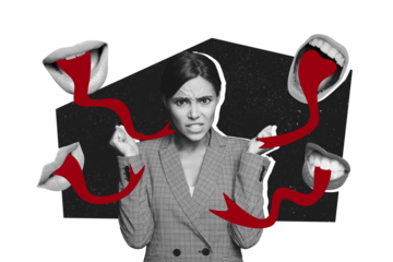 Composite photo collage of angry girl bullying victim faceless mouth snake tongue abuse society problem isolated on painted background