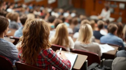 A classroom lecture with students attentively listening to the speaker during a class. - Powered by Adobe